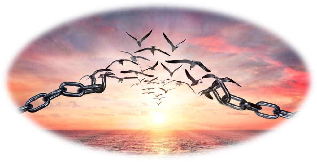 Breakthrough and Freedom - Flock of Birds breaking through chains to take flight into the sunset over the ocean.